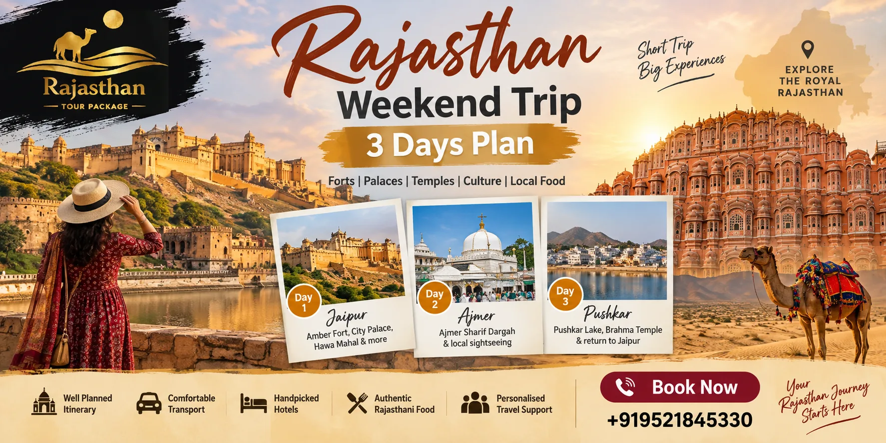 Rajasthan weekend trip 3 days plan with Jaipur Amber Fort, City Palace and Pushkar sightseeing