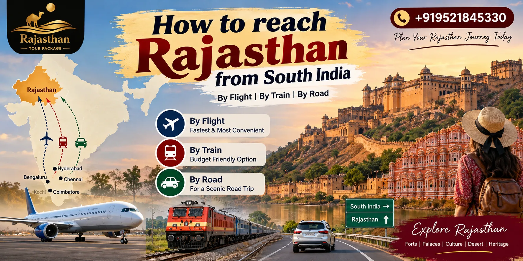 How to reach Rajasthan from South India by flight train and road