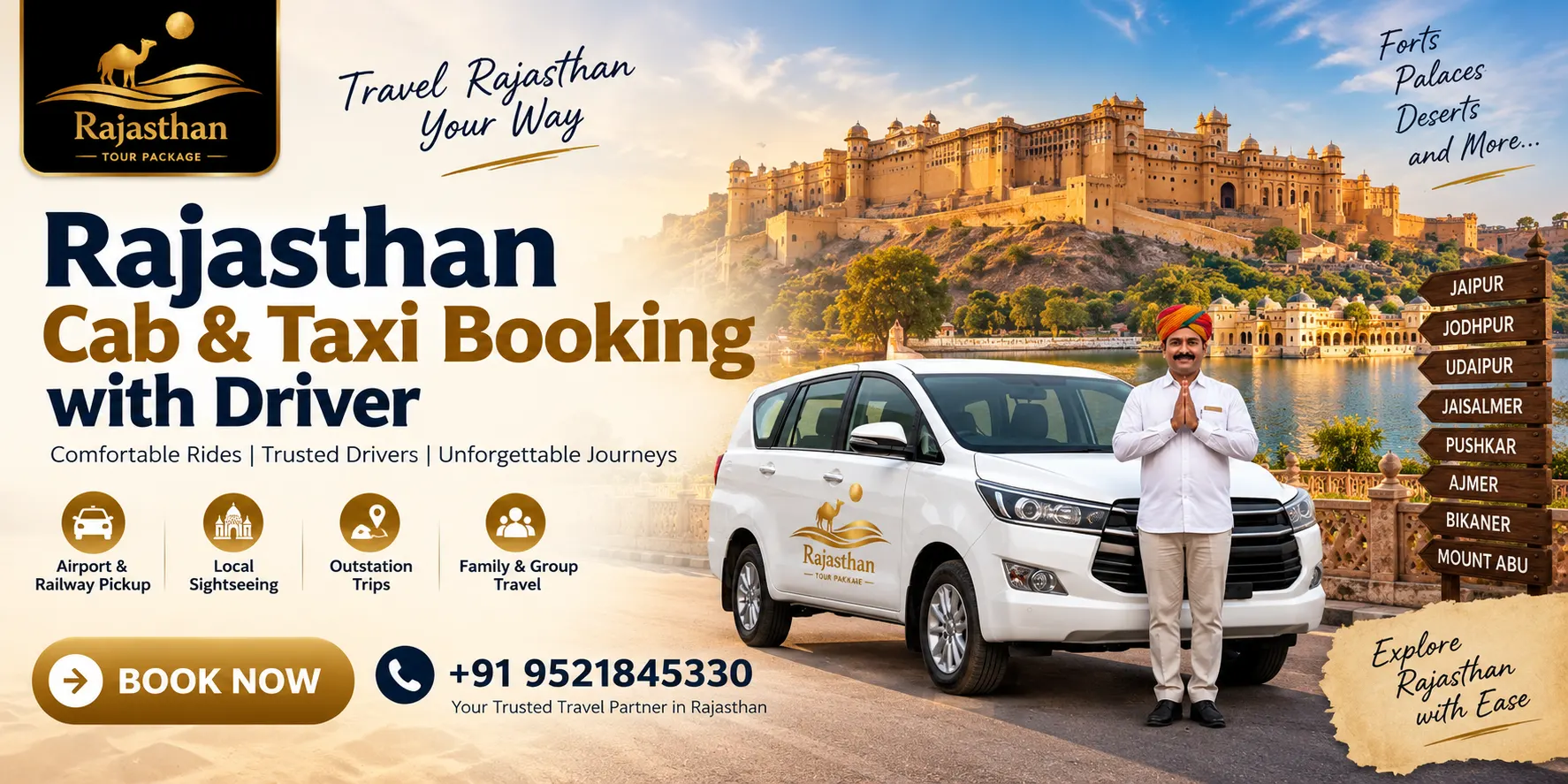 Rajasthan cab and taxi booking with driver for Jaipur, Jodhpur and Udaipur