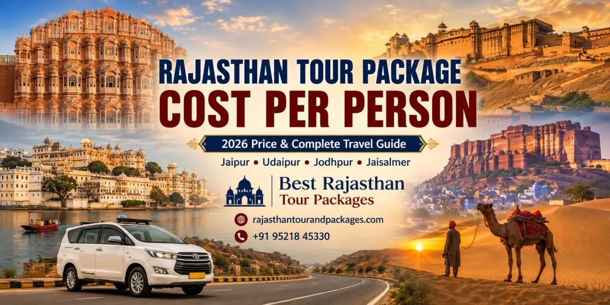 Rajasthan tour package cost per person showing Jaipur Udaipur Jodhpur and Jaisalmer travel destinations